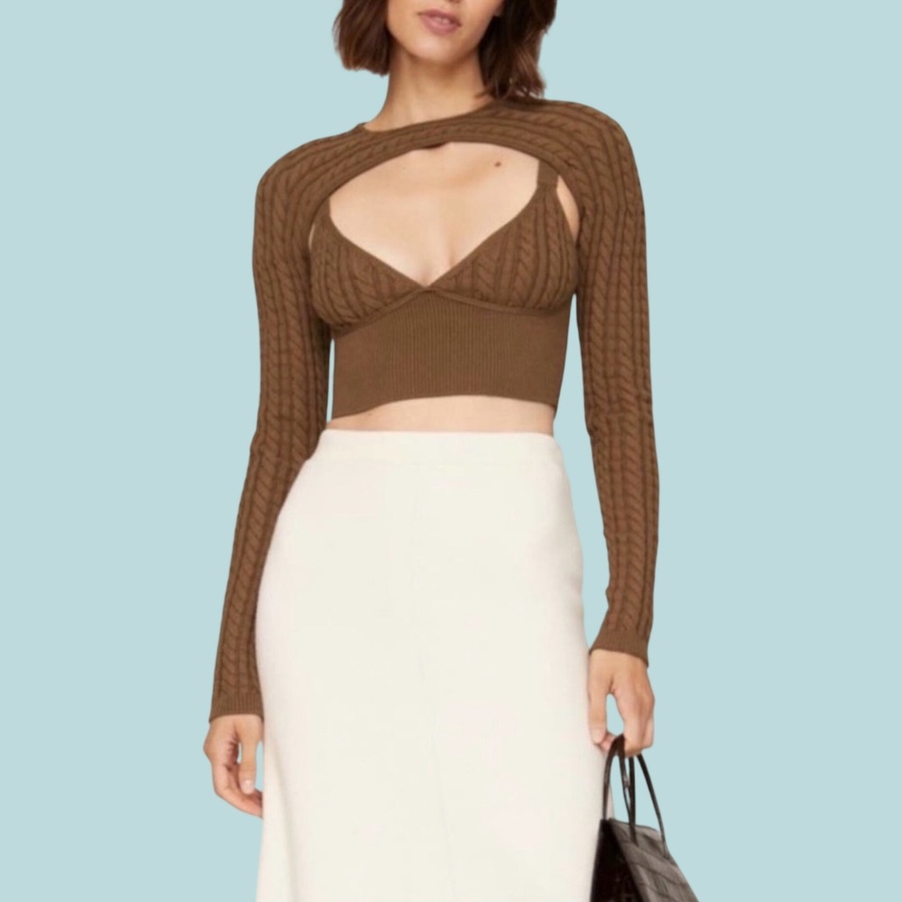 Ronny Kobo Cable Knit Shrug Bolero Sweater Brown Medium 1 of 2